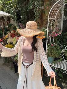 DAZY Áo khoác cardigan mỏng tay dài kiểu Hàn Quốc dành cho nữ, chất liệu lưới, thích hợp cho kỳ nghỉ. - Màu be - Xem 5