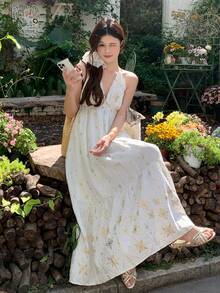 DAZY Đầm nữ cổ chữ V buộc dây kiểu Bohemian in hoa, đầm hè phong cách Boho. - trắng - Xem 6