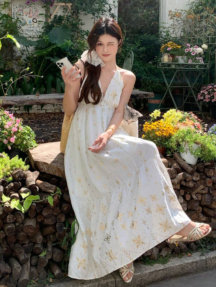 Women's V-Neck Halter Tie Bohemian Style Vacation Floral Print Dress, Summer Sundress Boho