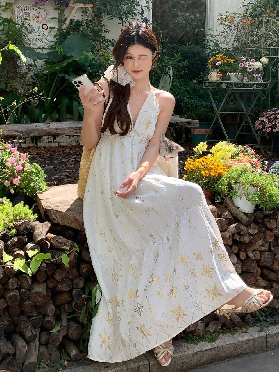 Women's V-Neck Halter Tie Bohemian Style Vacation Floral Print Dress, Summer Sundress Boho