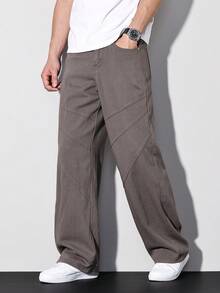 Manfinity LEGND 春夏休闲街头风水洗浅灰色宽松喇叭开衩牛仔裤 - 灰色 - 查看 7