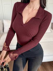 DAZY 女士纯色修身撞色蕾丝长袖套头毛衣 - 酒紅色 - 查看 4