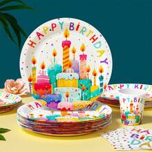 White-Base Candle Cake, Disposable Plates, Napkins, Cups, Disposable Party Supplies Set, Suitable For 25 Guests, Disposable Paper Plates And Party Tableware, Suitable For Birthday, Wedding Theme Parties, Family Picnics - Multicolor - View 3