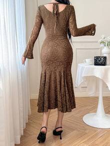 DAZY Women's Elegant Long Dress With Cowl Neck, Flared Sleeves And Mermaid Hem - Coffee Brown - View 2