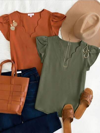 Omancia Women's Solid Color V-Neck Petal Short Sleeve Casual Shirt