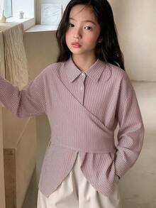 DAZY 少女翻领条纹长袖梭织衬衫，秋季款 - 白色 - 查看 3