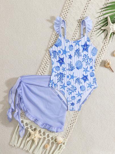 一件式女童碎花印花连体泳衣，带裙摆，可爱的海星和贝壳图案，甜美风格，长袖设计保护皮肤，优质面料，适合游泳、海滩、水上乐园等场合。