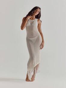 MUSERA Crewneck Sleeveless Asymmetric Tassle Hem Maxi Floor Length Fitted Crochet Knit Dress Cute Beach Coverup Summer Spring Holiday Going Out Swim Sexy Crochet Knit - Apricot - View 3