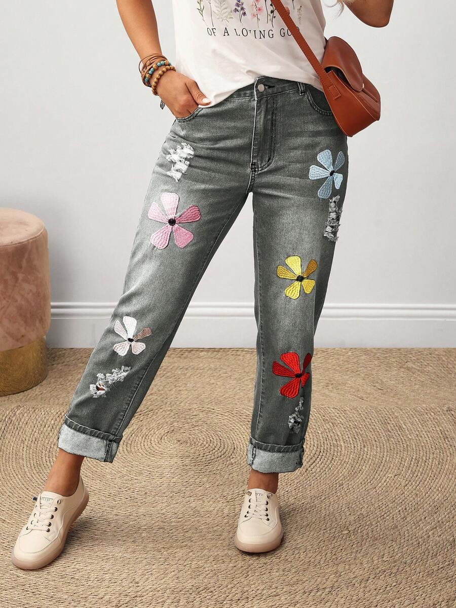 SHEIN LUNE Women's Floral Embroidered Pocket Straight Leg Casual Versatile Jeans - Grey - View 1