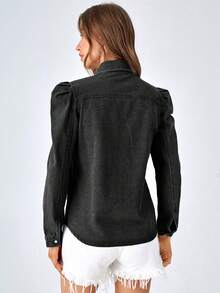 EMERY ROSE Plus Size Casual Washed Puff Sleeve Denim Blouse - Black - View 2