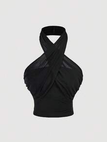 SHEIN MOD 两件套女士交叉露背褶皱腰身时尚上衣，秋冬季，女士服装，休闲女装，女装，感恩节冬季，派对上衣，圣诞节 - 彩色 - 查看 5