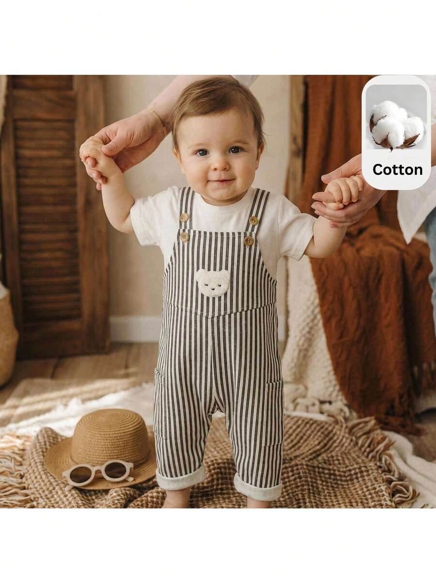 Loomiva Baby Boy Cartoon Bear Striped Bib Pants, Jumpsuit - Multicolor - View 1