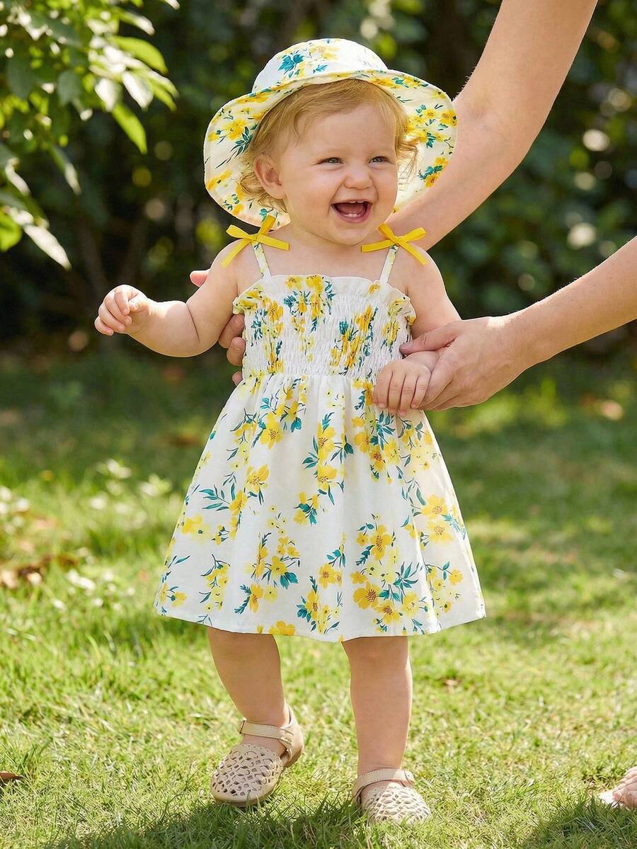 Souflis Souflis Bộ 2 món áo liền quần hai dây in hình chanh cho bé gái, kèm mũ, kiểu dáng giản dị, thoải mái và dễ thương, thích hợp mặc hàng ngày, đi nghỉ mát và chơi đùa. - Nhiều màu - Xem 1