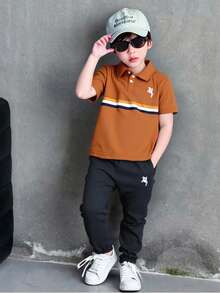 SHEIN Streecool Kids 2pcs/Set Young Boy Summer Casual Contrast Stripe Short Sleeve T-Shirt And Pants Set - Brown - View 1
