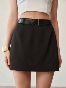 MOTF PREMIUM Falda con cinturón de hebilla de metal de cintura alta minimalista - Negro - Ver 2