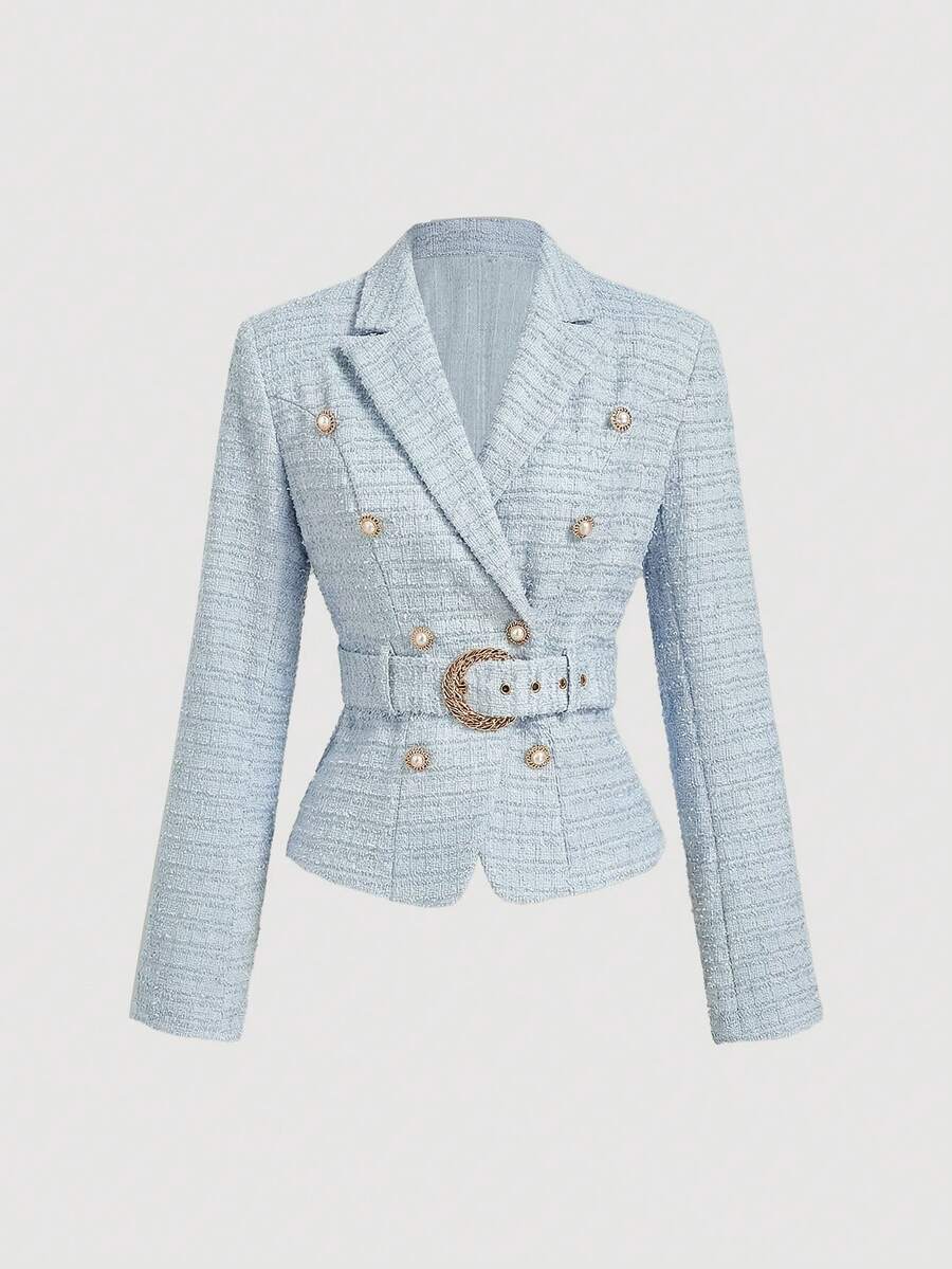 SHEIN MOD White Metal Buckle Double-Breasted Belted Blazer,Women's Formal Wear,Graduation Ceremony - Baby Blue - View 1