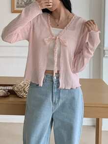 DAZY 女士蕾丝边蝴蝶结薄款T恤 - 粉色 - 查看 10