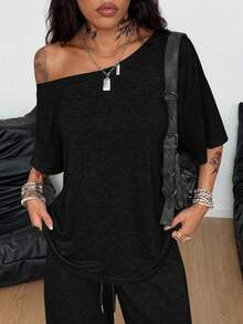 SHEIN PETITE CURVE 大码女装两件套：纯色不对称肩部上衣和抽绳腰阔腿裤，休闲日常穿着 - 黑色 - 查看 4