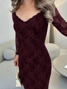 Jemour 女士纯黑色蕾丝露肩修身鱼尾裙，适合约会和派对 - 紫紅色 - 查看 3