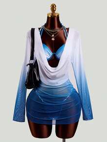 Bonvoyette Women's 3-Piece Set: Handmade Rope Halter Swimwear Top, Side-Tie Bikini Bottom, Ombre Ruffled Cover-Up, Sexy Ladies 3-Piece Swimwear Set - Multicolor - View 5