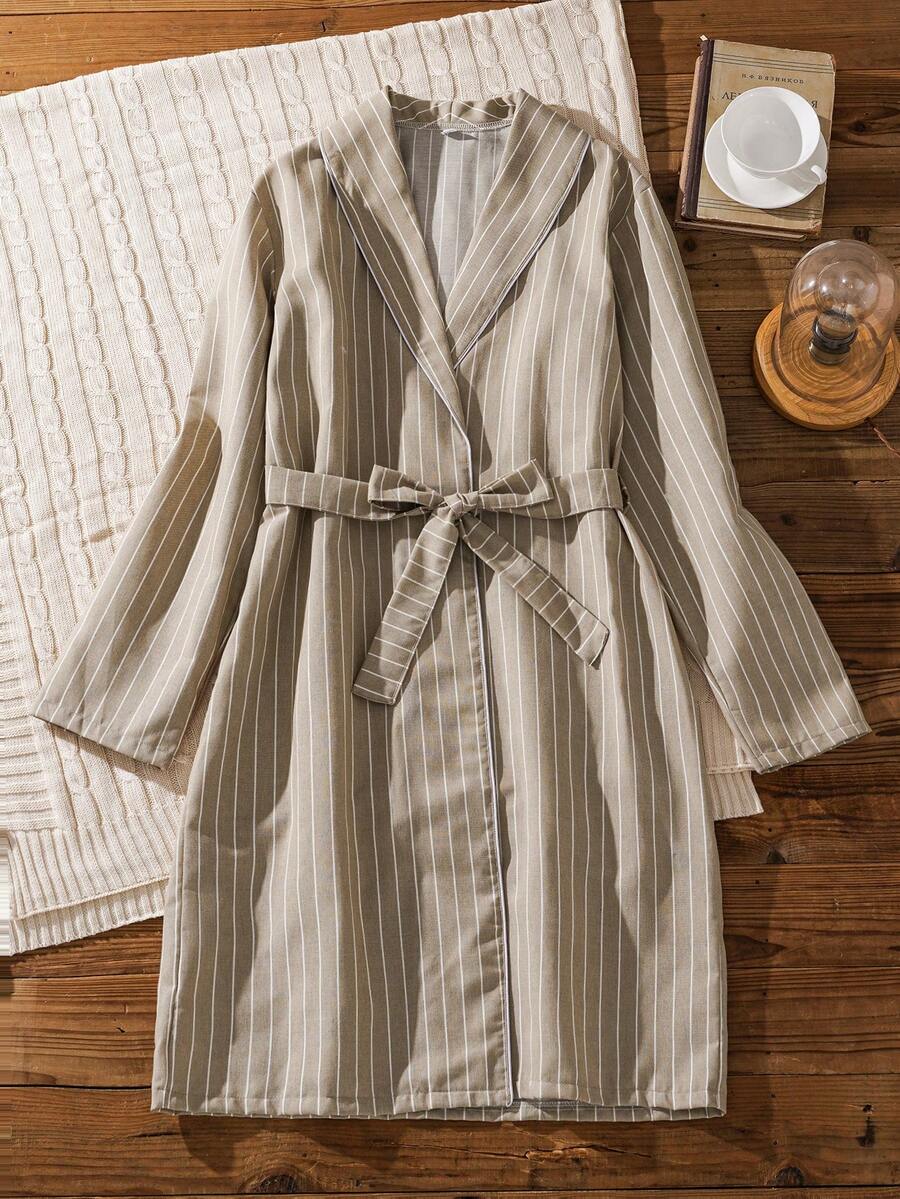 Men's Striped Robe With Belt, Loungewear - Khaki - View 1