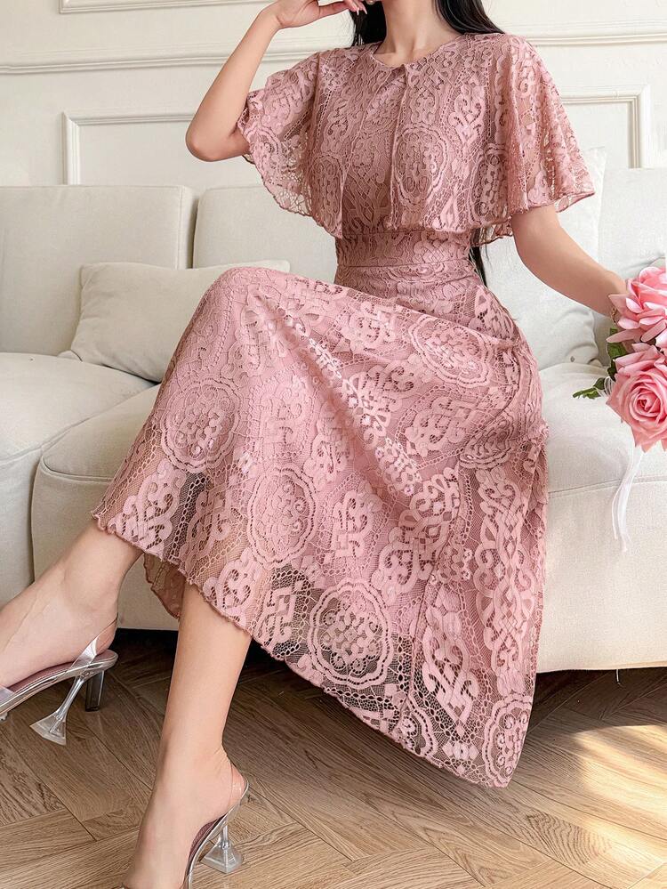 Women's Round Neck Pleated Elegant Waist Cinched Long Dress, Suitable For Dates And Parties Sundress