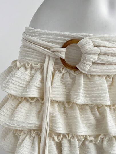 Elamini 2026 Summer New Sweet Knitted Cake Layered Decor Button Tie Waist Skirt, Ruffled Chiffon Patchwork Bohemian Style Mini Skirt, Suitable For Party, Date, Festival, Performance, Daily Casual Wear, 1pc Apricot