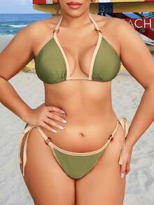 SHEIN Swim Plus Size Solid Color Bikini Set, Featuring Ruffle Trim Details - Halter Triangle Bra Top And Side Tie Bikini Bottoms - Green - View 4