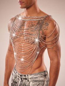 FeverCity Áo tank top lưới xuyên thấu gợi cảm đính đá cho nam - Bạc - Xem 3