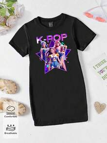 Elladie kids 春夏少女休闲时尚创意个性清新简约酷炫虚拟少女团体五角星图案字母标语印花宽松短袖T恤裙，舒适百搭；温暖舒适的夏秋少女氛围穿搭，适合各种场合。 - 彩色 - 查看 3