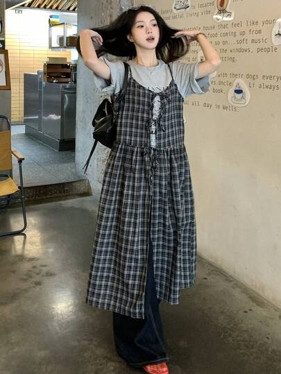 DAZY Teen Girl Plaid Bow Decor Casual Camisole Dress