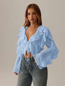 SHEIN SXY Black Top;Fall Women Clothes;Crop Tops;Holiday Costume Party Gathering Black Mesh See-Through Lotus Leaf Strap Deep V Neck Women Sexy Long Sleeve Shirt - Blue - View 6