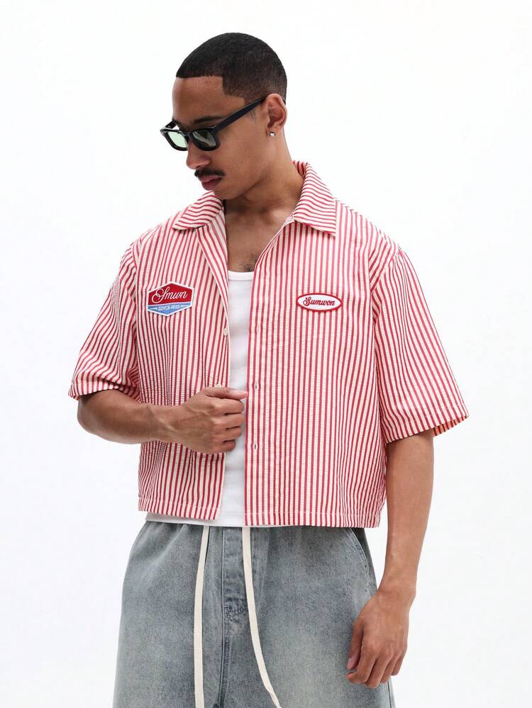 Red Striped Button Down Shirt With Logo Patches