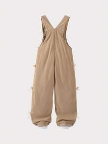 SHEIN ChillGRL Quần yếm kaki phong cách thường ngày cho bé gái có nơ trang trí, ống thẳng rộng rãi, vải mềm mại và thoải mái, đa năng cho mặc hàng ngày, đi học, đi làm, xuân/hè/thu/đông - Màu Khaki - Xem 2