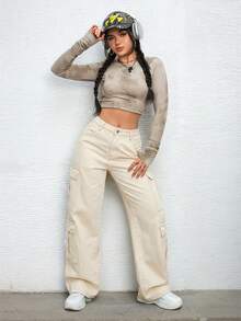 SHEIN EZwear 女士夏季拉链门襟翻盖口袋工装牛仔裤 - 杏色 - 查看 5