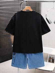SHEIN Little Byeori 青少年男童休闲时尚牛仔拼接T恤搭配牛仔短裤，适合春夏日常穿着 - 黑色 - 查看 3