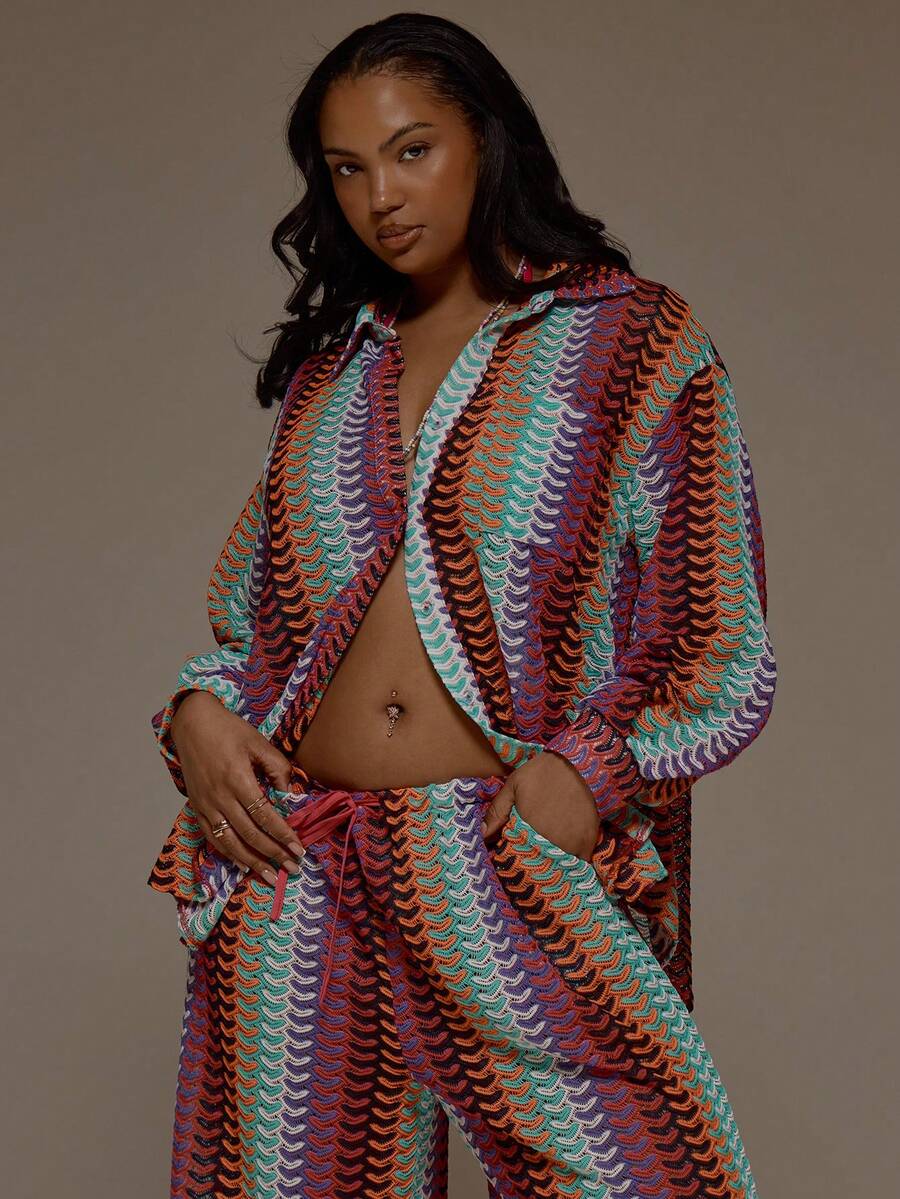 MUSERA Plus Size Crochet Knit Style Button Down Shirt Only Vacation Holiday Cute Holiday Romantic Cute Summer Sexy Beach Curve, - Hot Pink - View 1