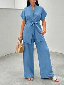 Cottnline 2pcs Vacation Casual Solid Color Batwing Sleeve Top And Pants Set - Royal Blue - View 4