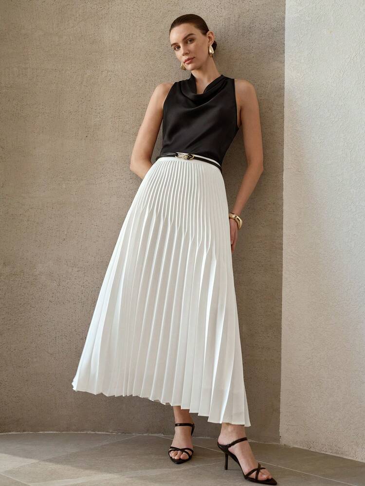 WOMEN'S SOLID COLOR PLEATED SKIRT, BELT NOT INCLUDED