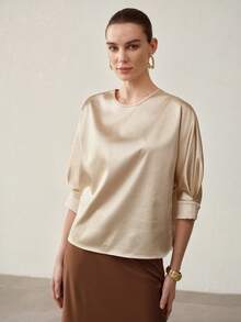 MOTF PREMIUM Blusa de cuello redondo y mangas tipo murciélago sin cinturón - Champán - Ver 4