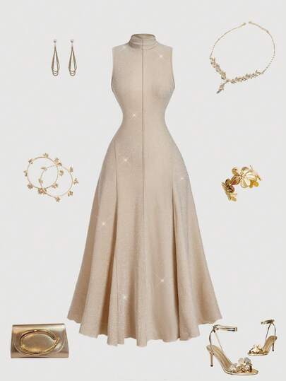 SHEIN MOD Women's Champagne Block High Neck Dress,Champagne Color Block High Neck Dress,Party Outfit ,Elegant Dress,Vacation,Festival,Goth,Holiday, Champagne Women Dresses, Beige Dresses Women,,Wedding Guest Dress For Women