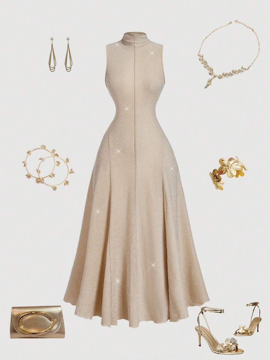 SHEIN MOD Váy cổ cao màu Champagne - Rượu sâm banh - Xem 1