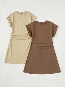 SHEIN BASICS Bộ 2 chiếc váy ngắn tay cổ tròn màu trơn dáng suông dành cho nữ. - Nhiều màu - Xem 3