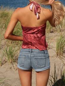 Sydney Algeri 女式性感低腰修身迷你牛仔短裤，夏季 - 中等水洗藍 - 查看 2