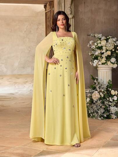 Aureia Plus Size Elegant Luxurious Romantic Light Yellow Elastic Knit Patchwork Chiffon Square Neck Flare Sleeve Handmade Beaded A-Line Hem Dress, Suitable For Evening Party, Singles Party, Date, Ball, Holiday, Wedding Events