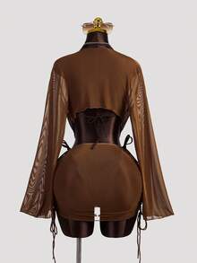 Swim SXY 4件套女士新款吊带露背泳衣上装、侧系带比基尼泳裤、长袖套头衫和迷你裙套装 - 咖啡棕 - 查看 7