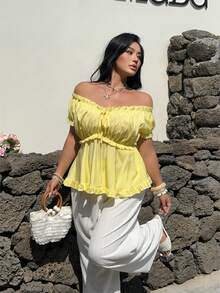 Sunnyshic Plus Size Women's Summer Casual Solid Color Off-Shoulder Frill Trim Bow Tie Front Short Sleeve A-Line Blouse - Light Yellow - View 4