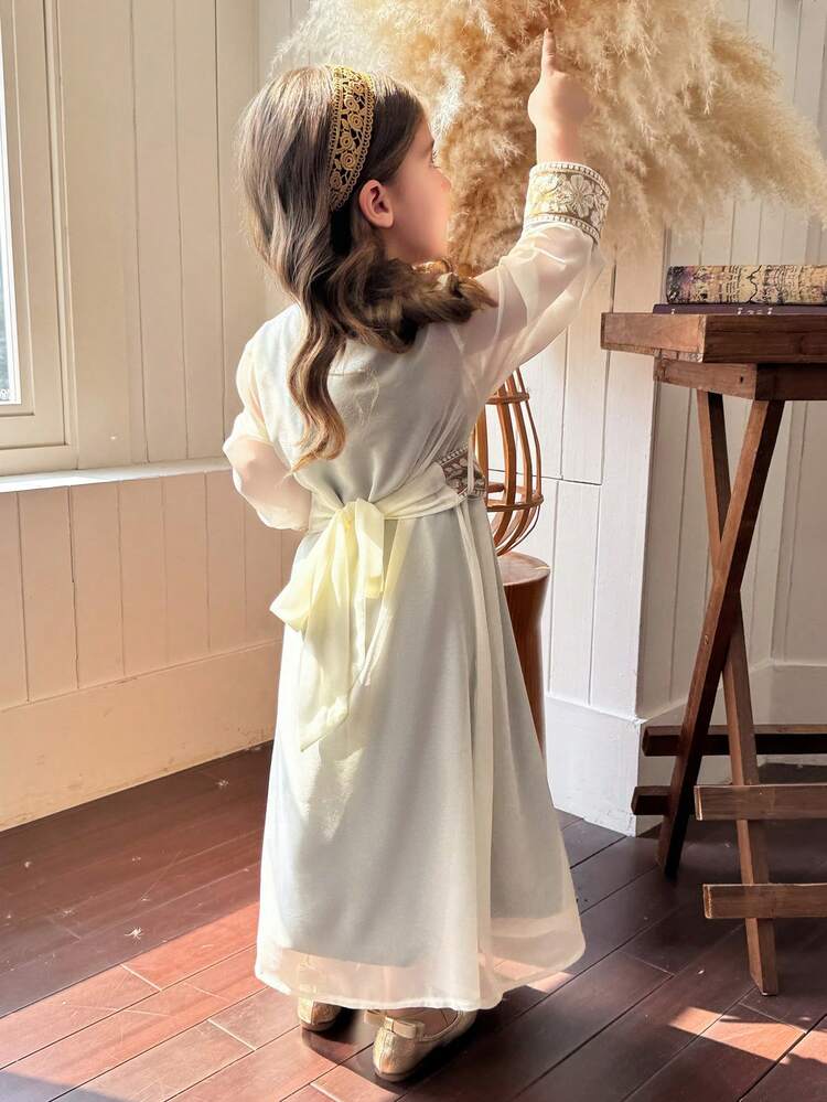 Young Girl Floral Print Long Sleeve Robe And Sleeveless Dress Set Summer