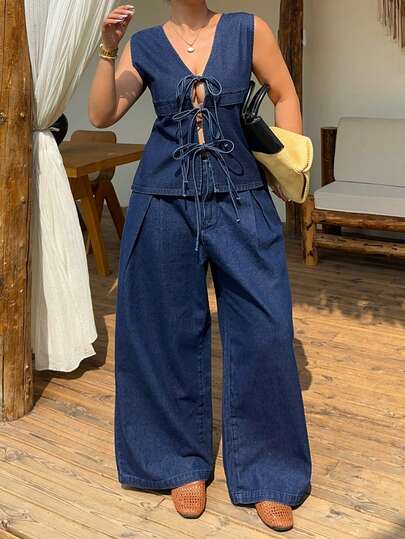 Dazy Plus Dark Washed Denim 2 Pieces Set, Backless Tie-Up Round Neck Sleeveless Denim Top And Loose Straight Leg Long Denim Pants, Spring/Summer
