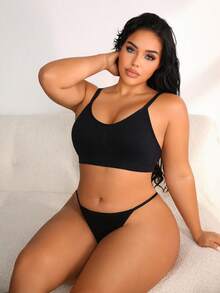 NudeFit 2pcs/Set Plus Size Women Seamless Jacquard Wireless Bra And Thong Panty Set, Casual Minimalist - Black - View 5